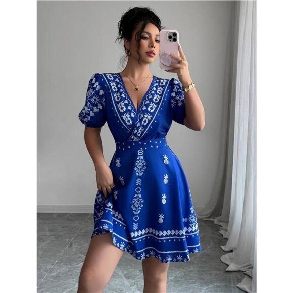 Printed Surplice Puff Sleeve Mini Dress - Picture 3 of 7